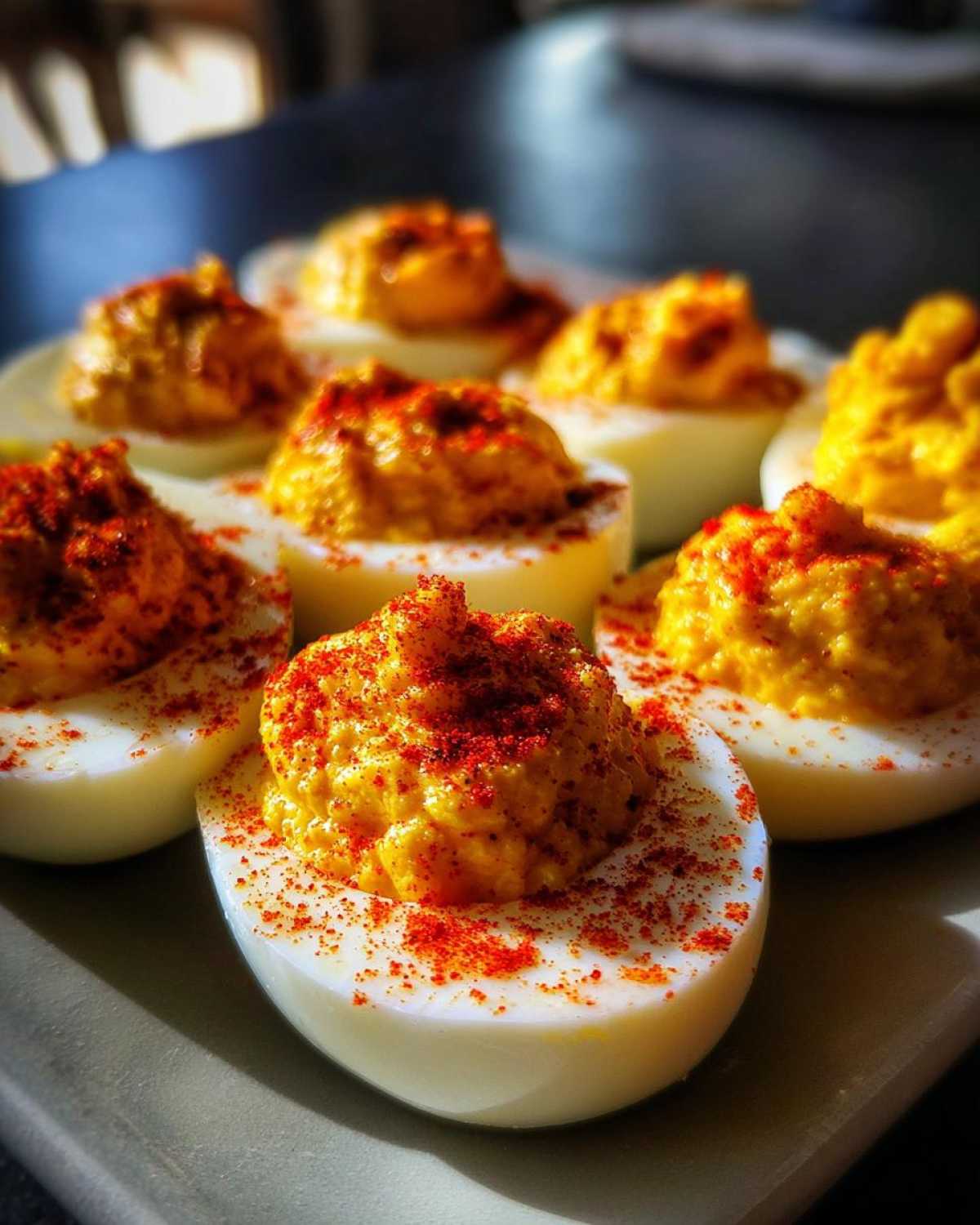 Close-up of several deviled eggs with creamy yellow filling, dusted heavily with paprika, showcasing the secret to a creamy egg.
