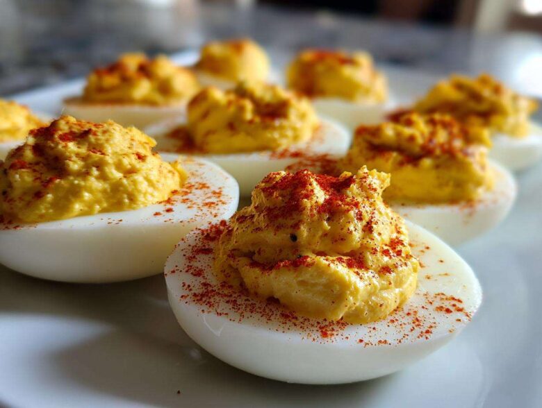 Close-up of creamy deviled egg filling topped with paprika, illustrating perfect egg preparation.