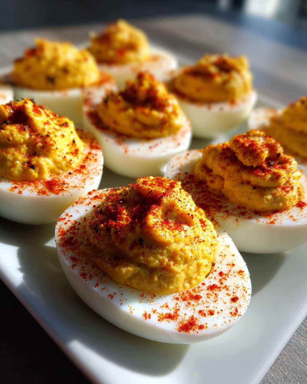 Close-up of perfectly piped deviled egg filling, sprinkled with paprika, showcasing creamy egg preparation.
