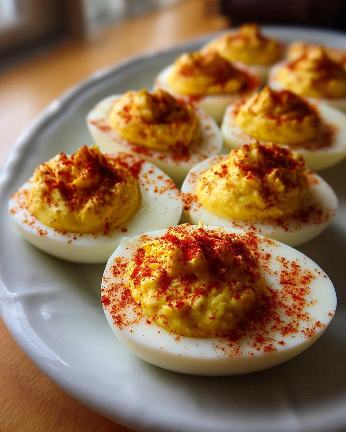 Close-up of creamy deviled egg halves topped with bright paprika, showcasing the perfect egg filling.
