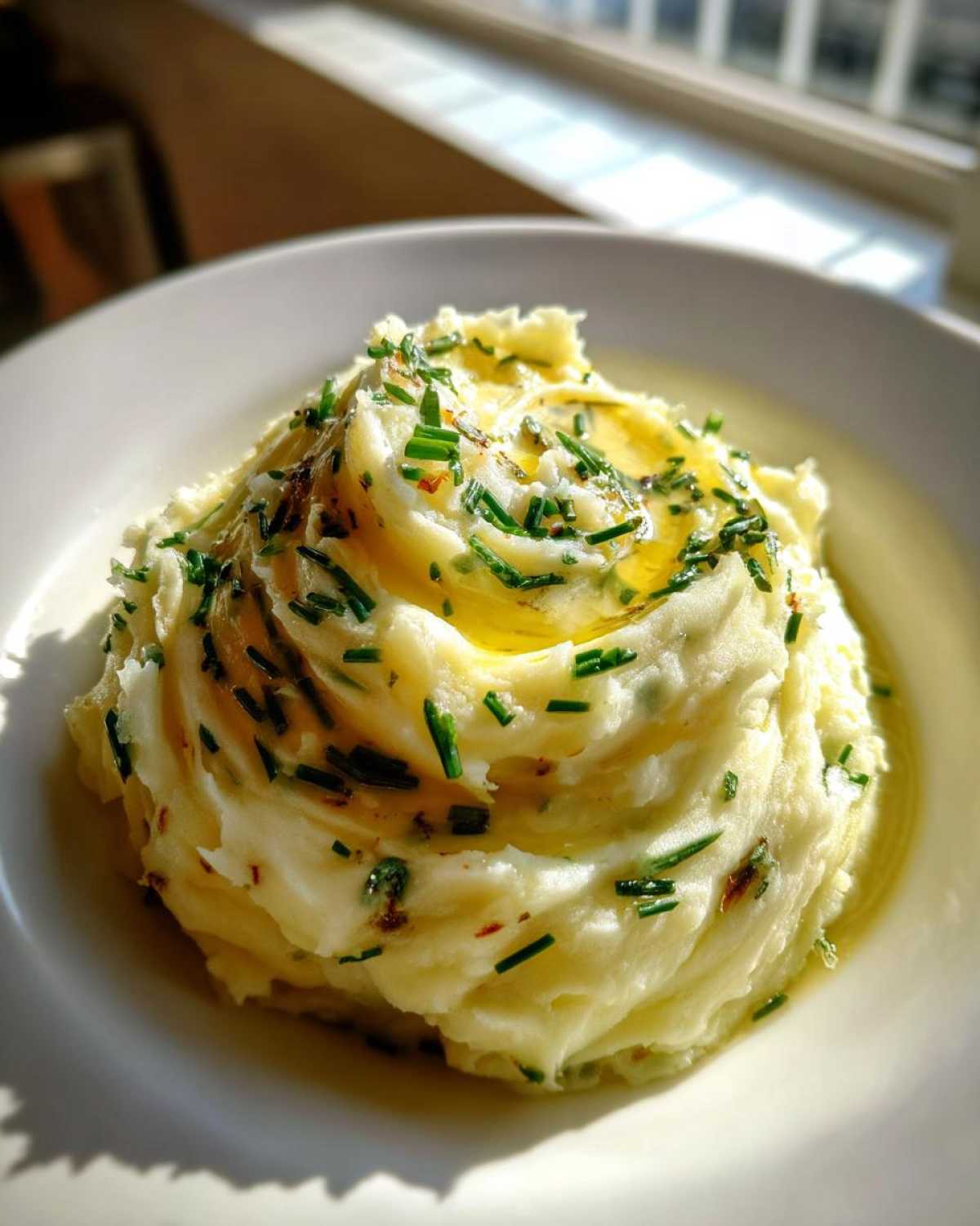 A serving of creamy garlic mashed potatoes topped with melted butter and fresh chopped chives.