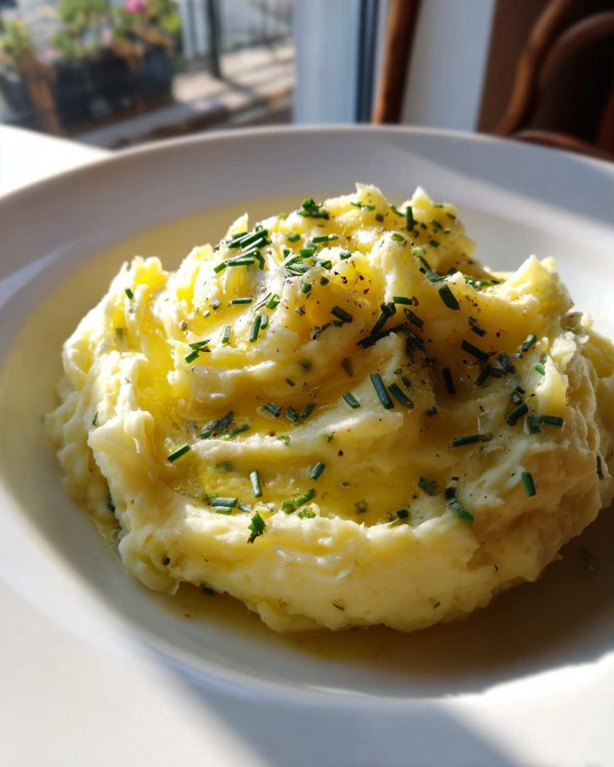 A close-up of creamy garlic mashed potatoes topped with melted butter and fresh chopped chives.