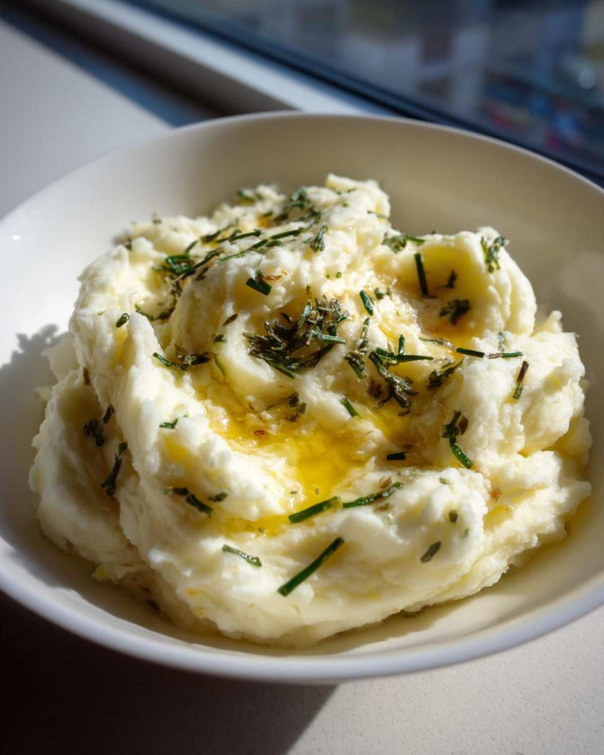 A white bowl filled with creamy garlic mashed potatoes, topped with melted butter and fresh green herbs.