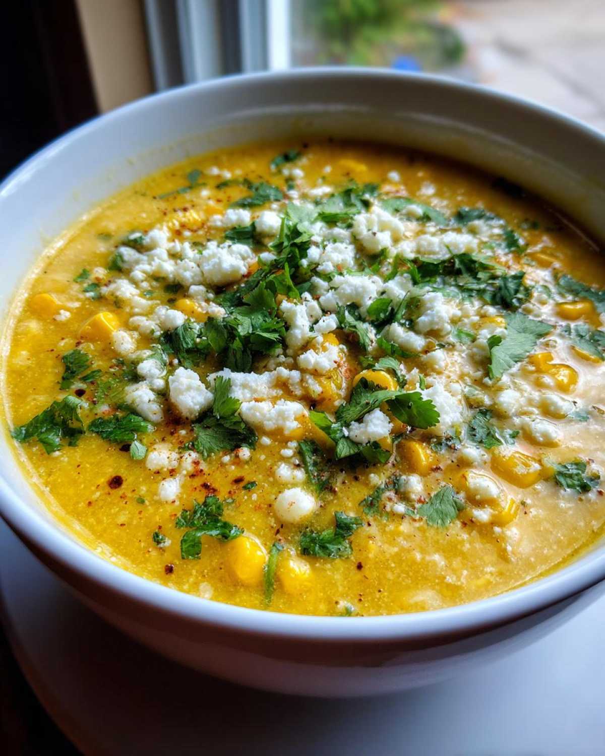 Close-up of a bowl of vibrant yellow mexican street corn soup garnished generously with cotija cheese and cilantro.