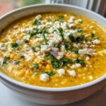 A close-up of a creamy, yellow mexican street corn soup topped generously with crumbled white cheese, cilantro, and diced red onion.