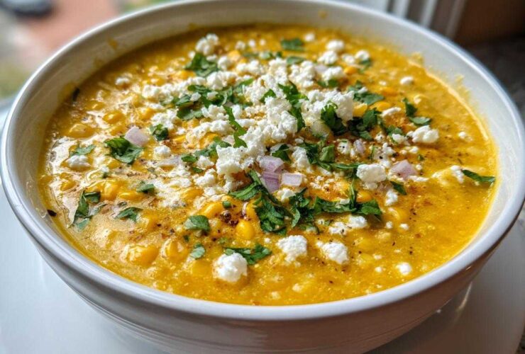 A close-up of a creamy, yellow mexican street corn soup topped generously with crumbled white cheese, cilantro, and diced red onion.