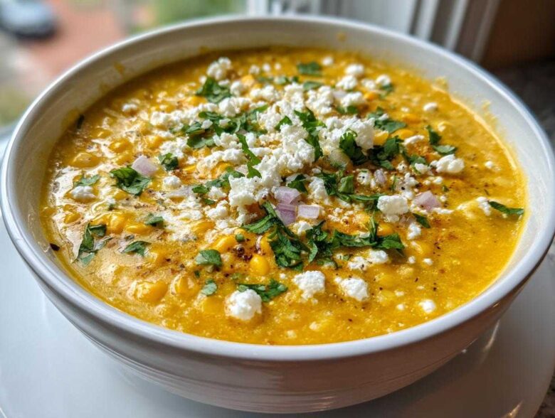 A close-up of a creamy, yellow mexican street corn soup topped generously with crumbled white cheese, cilantro, and diced red onion.