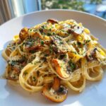 Close-up of creamy fettuccine mushroom pasta topped with sautéed mushrooms and fresh chopped parsley.
