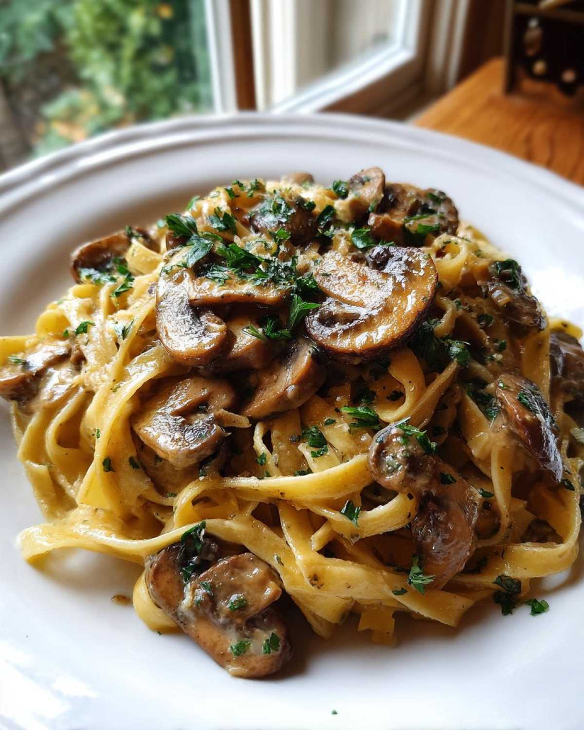 A close-up of creamy fettuccine mushroom pasta topped with sliced sautéed mushrooms and fresh parsley.
