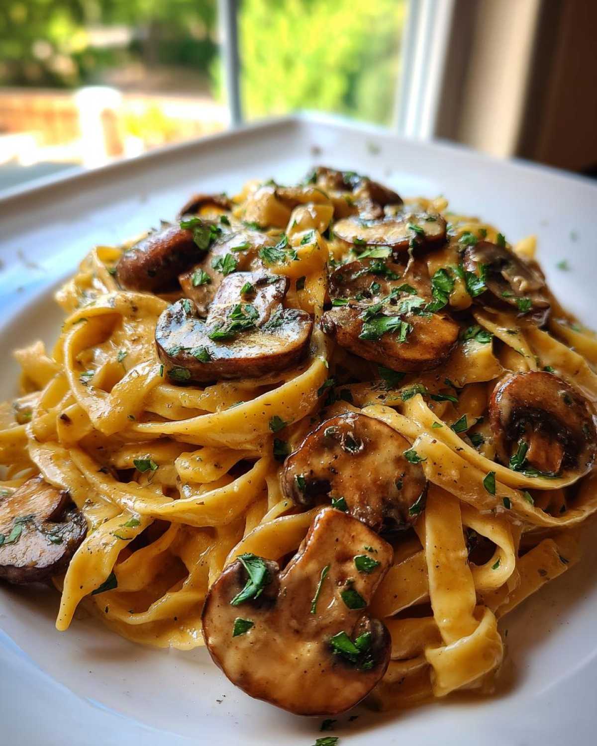 Close-up of creamy fettuccine mushroom pasta topped with sautéed mushrooms and fresh parsley.