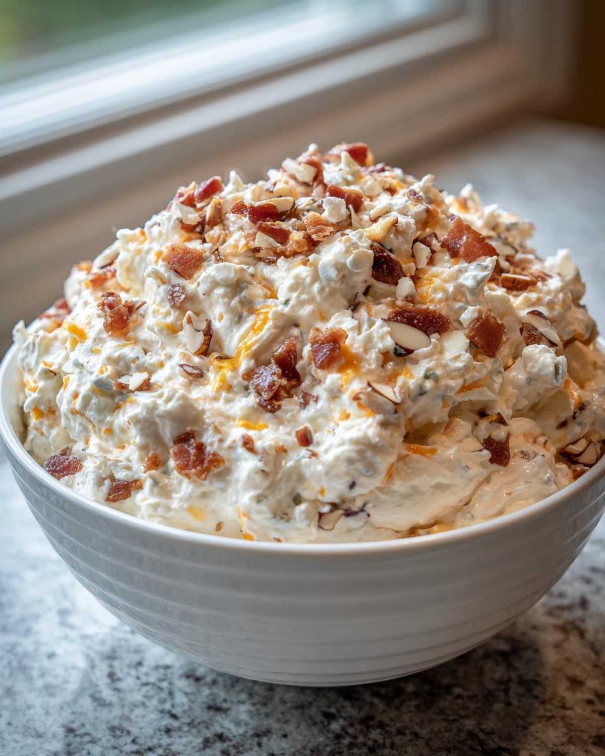 A large white bowl filled high with creamy Neiman Marcus Dip, topped generously with bacon bits and chopped almonds.