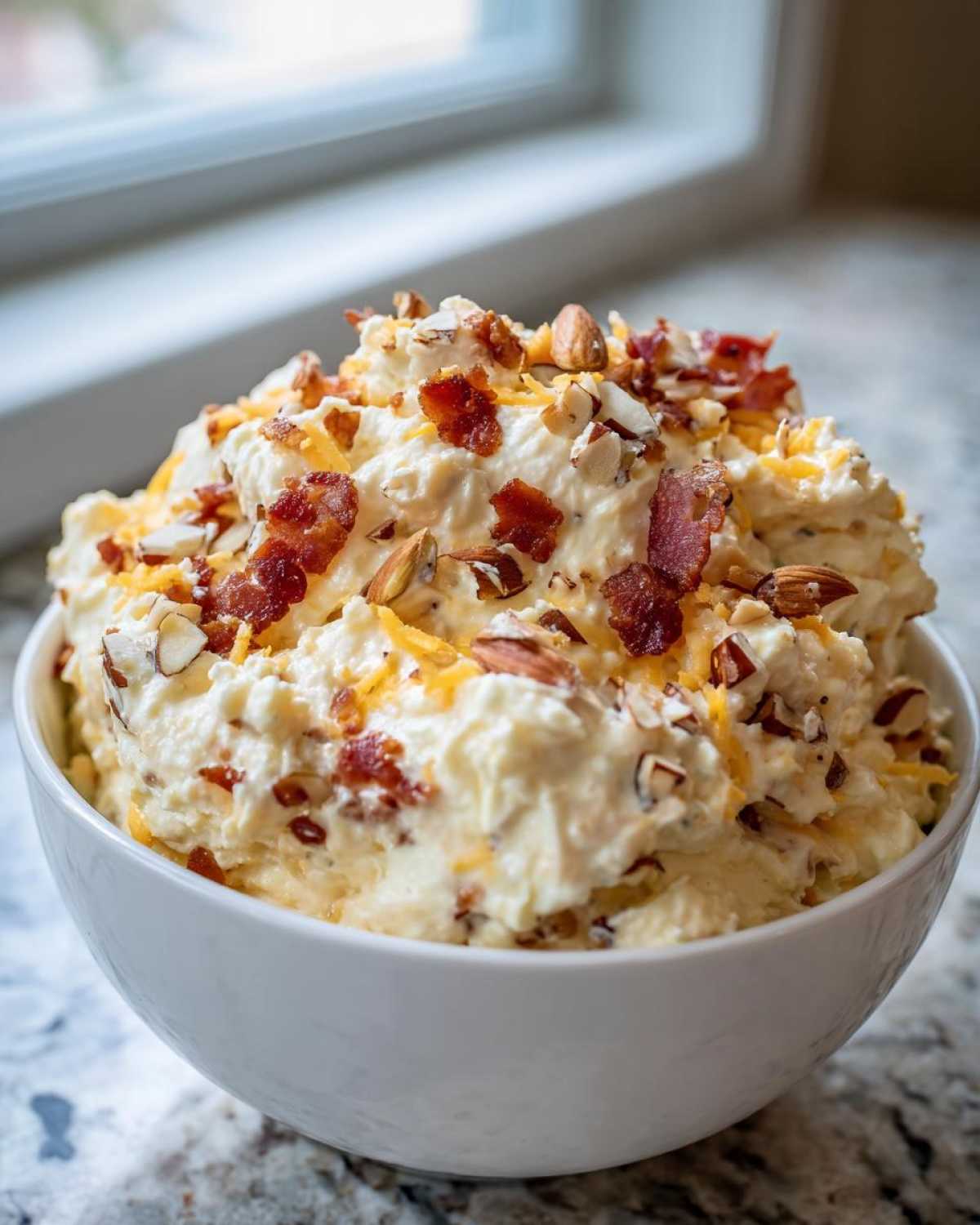 A bowl of creamy Neiman Marcus dip topped generously with crumbled bacon, sliced almonds, and shredded cheese.