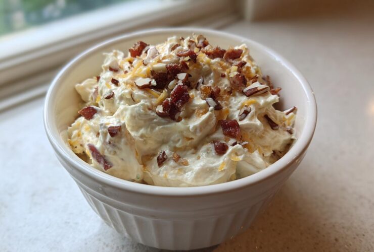 A white bowl filled with creamy Neiman Marcus dip, topped generously with crumbled bacon, shredded cheese, and chopped nuts.