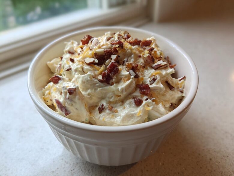 A white bowl filled with creamy Neiman Marcus dip, topped generously with crumbled bacon, shredded cheese, and chopped nuts.