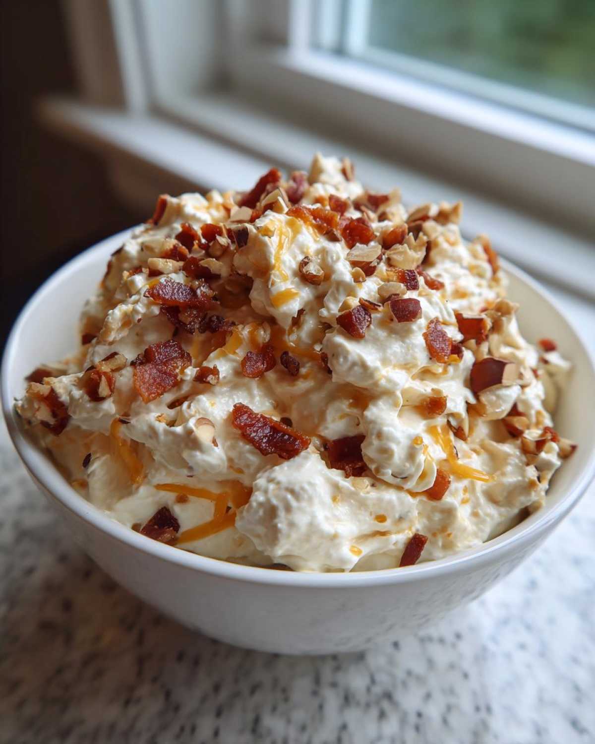 A white bowl filled with creamy Neiman Marcus dip, topped generously with crumbled bacon and chopped pecans.