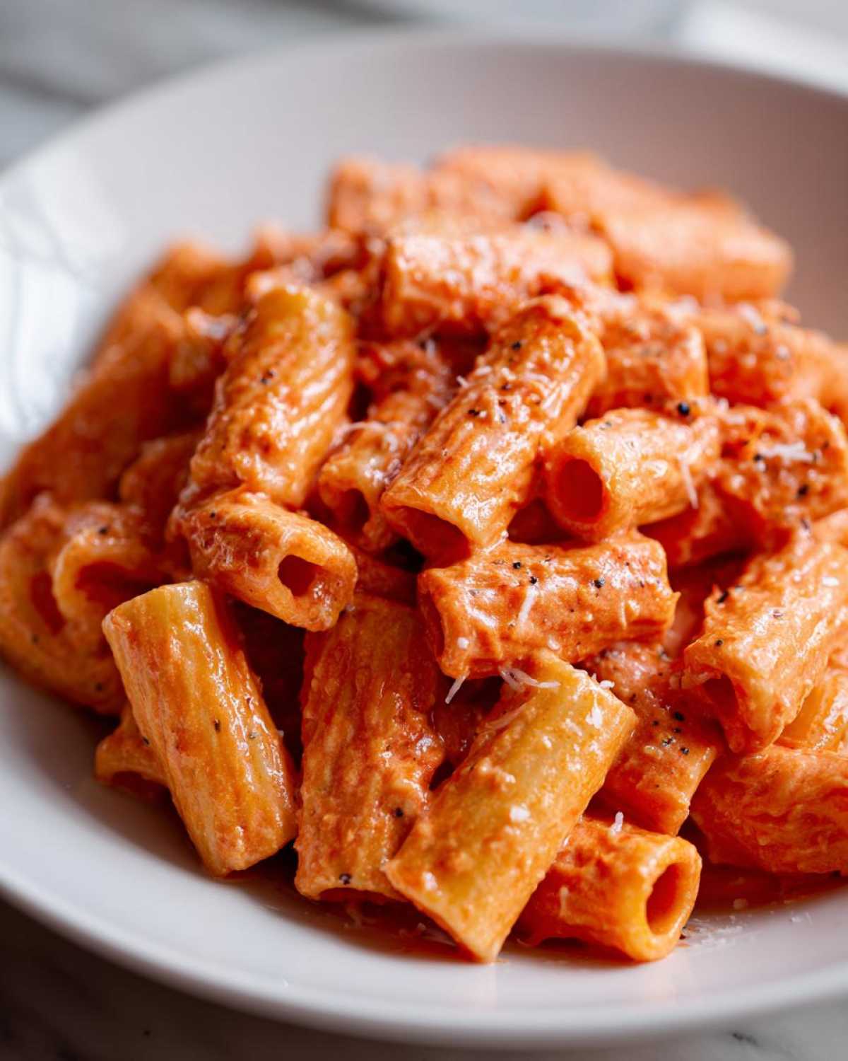 Close-up shot of rigatoni pasta coated in rich, creamy pink sauce pasta, garnished with black pepper and Parmesan.