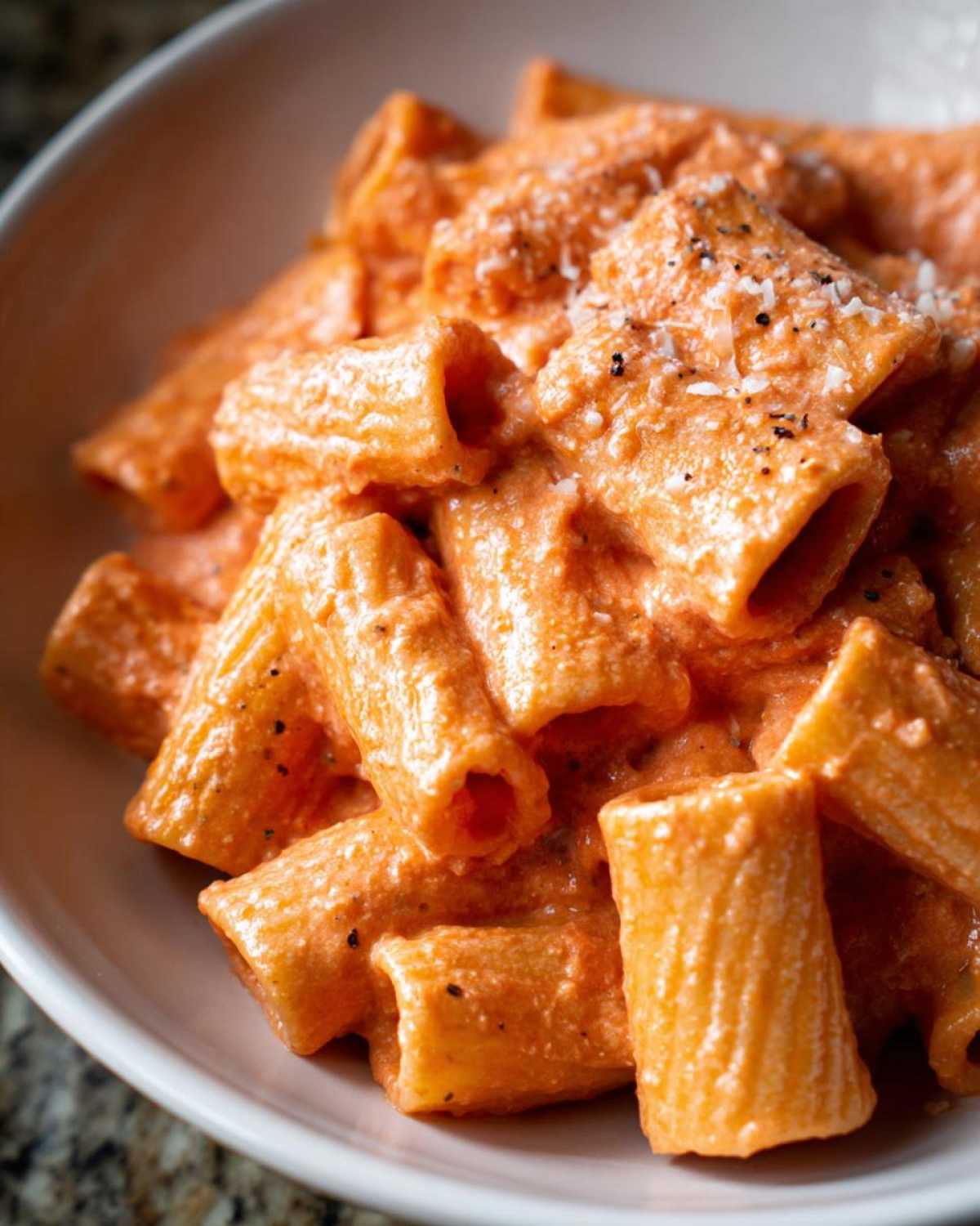Close-up of rigatoni pasta coated in creamy, vibrant pink sauce pasta, topped with grated cheese and black pepper.