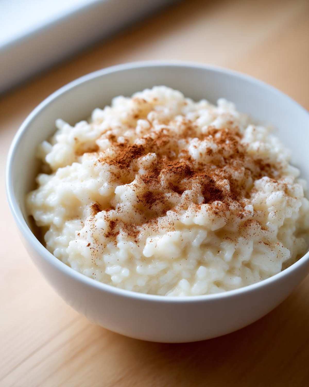 Close-up of a white bowl filled with creamy rice pudding recipe, generously sprinkled with ground cinnamon.