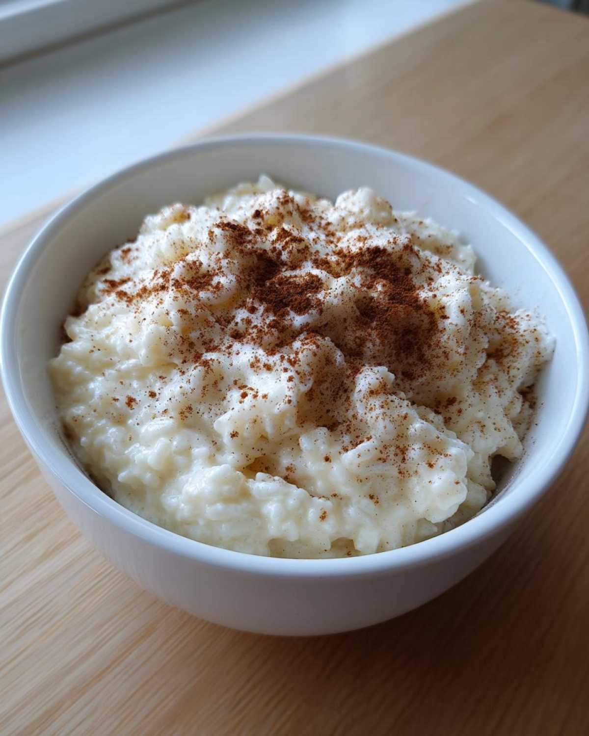 A close-up of a white bowl filled with creamy rice pudding recipe, generously sprinkled with ground cinnamon.
