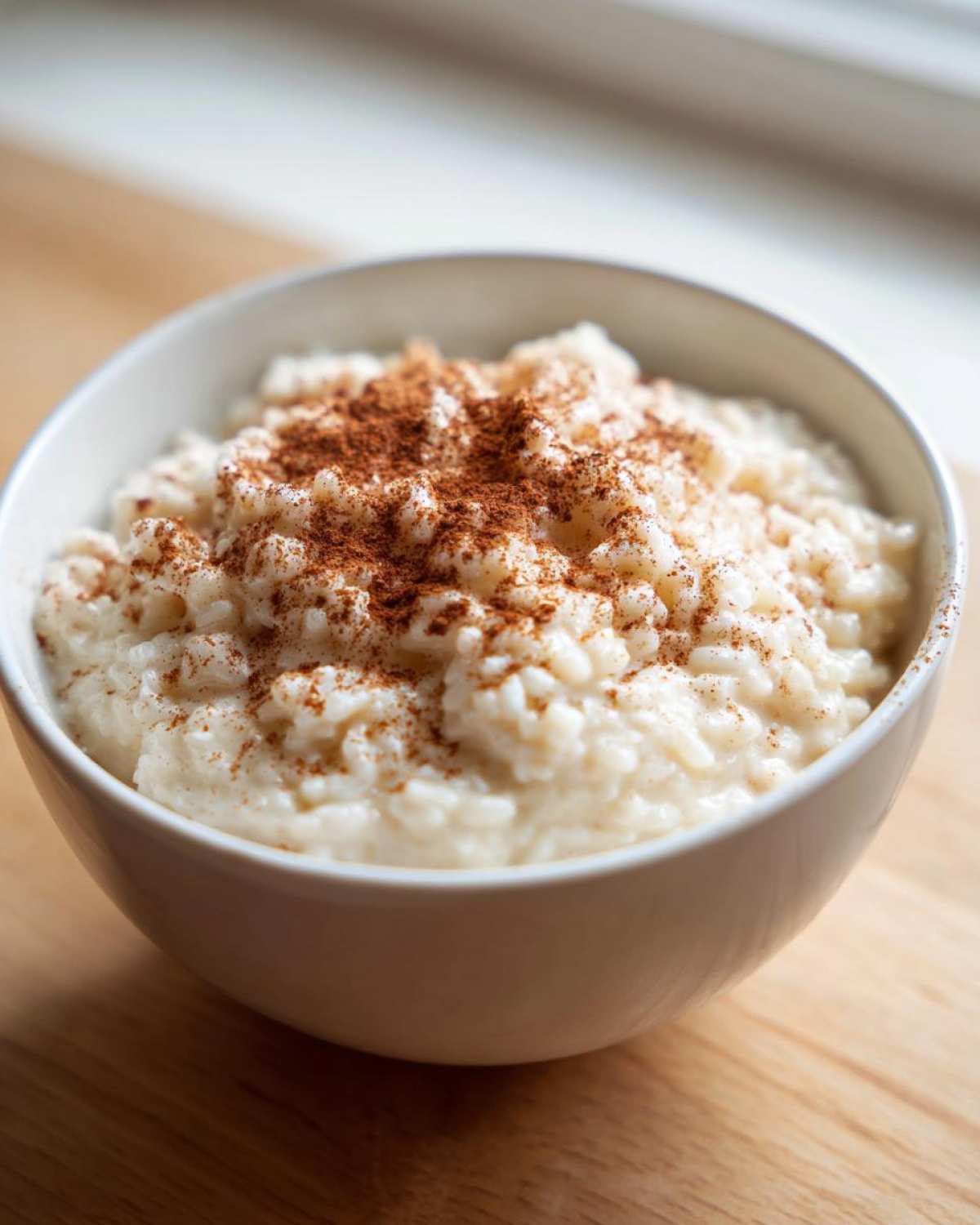 Close-up of a white bowl filled with creamy rice pudding recipe, generously dusted with cinnamon.
