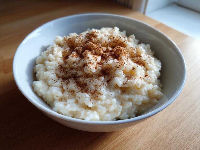 A close-up of a white bowl filled with creamy rice pudding recipe, generously sprinkled with cinnamon.