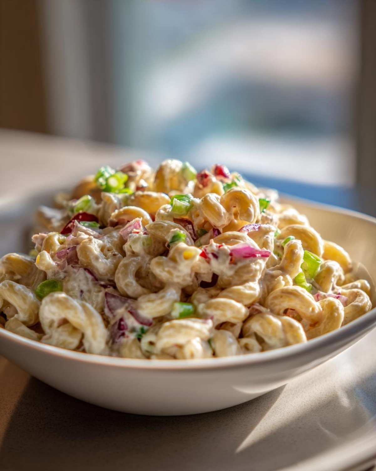 Close-up of creamy tuna pasta salad with macaroni, red onion, and green onions in a white bowl.
