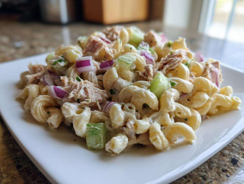 A close-up of a creamy serving of tuna pasta salad featuring elbow macaroni, flaked tuna, celery, and red onion.