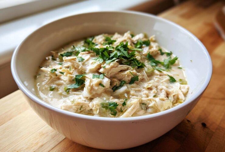 A close-up of creamy white chicken chili topped with fresh parsley in a white bowl.