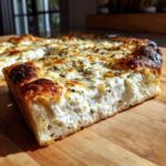 A thick, cross-section slice of creamy white pizza showing a fluffy crust and rich ricotta topping, seasoned with herbs.