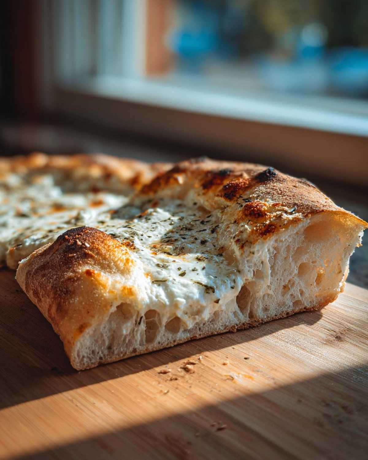 A thick, airy slice of creamy white pizza showing a bubbly, charred crust and rich white cheese topping.