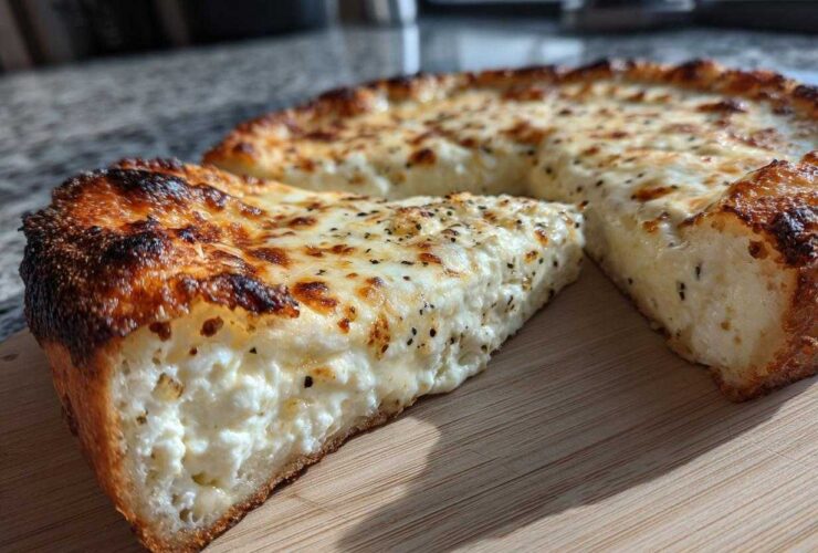 A thick slice of creamy white pizza showing a rich, white ricotta filling and a well-browned, slightly charred crust.