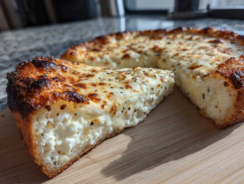 A thick slice of creamy white pizza showing a rich, white ricotta filling and a well-browned, slightly charred crust.