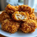 A close-up of several golden brown, crispy homemade chicken nuggets piled on a white plate, one broken open showing white meat.