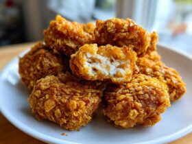 A close-up of several golden brown, crispy homemade chicken nuggets piled on a white plate, one broken open showing white meat.