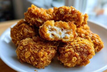 A close-up of several golden brown, crispy homemade chicken nuggets piled on a white plate, one broken open showing white meat.