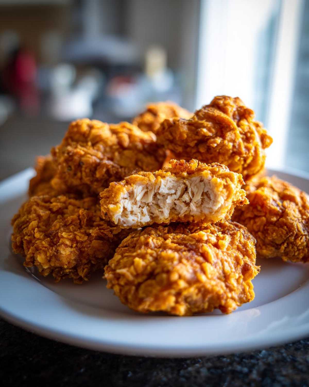 A pile of golden brown, crispy homemade chicken nuggets on a white plate, one nugget is cut open showing the white, shredded chicken inside.