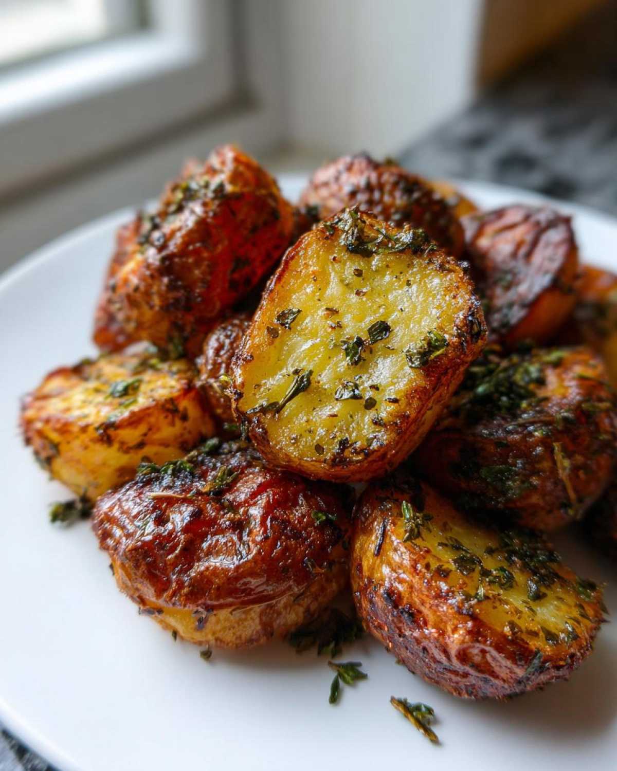 Close-up of perfectly crispy oven roasted potatoes, seasoned with herbs, piled on a white plate.