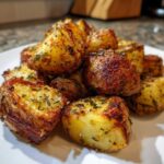A pile of perfectly crispy, golden brown oven roasted potatoes seasoned with herbs on a white plate.