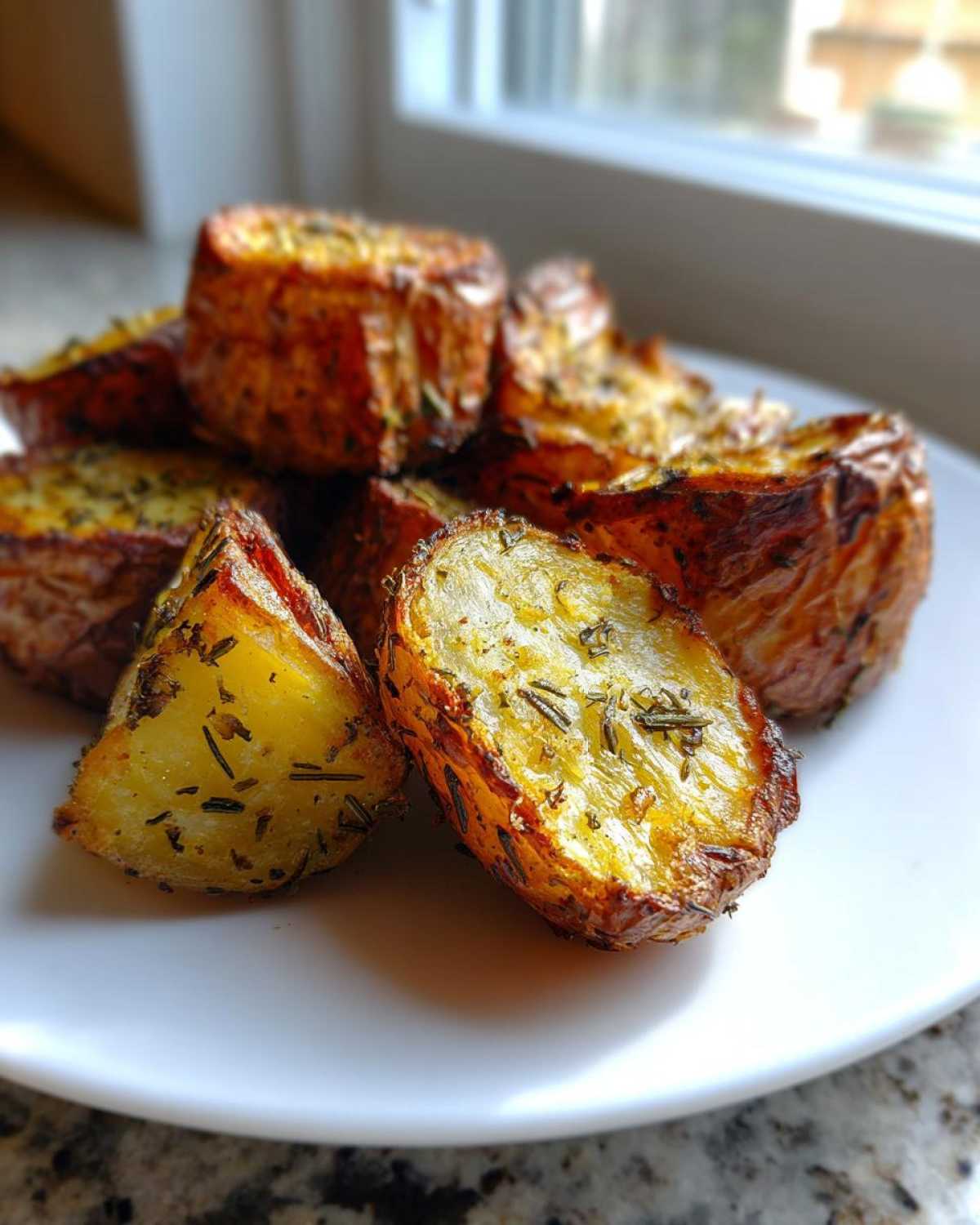A close-up of golden brown, crispy oven roasted potatoes seasoned with rosemary on a white plate.