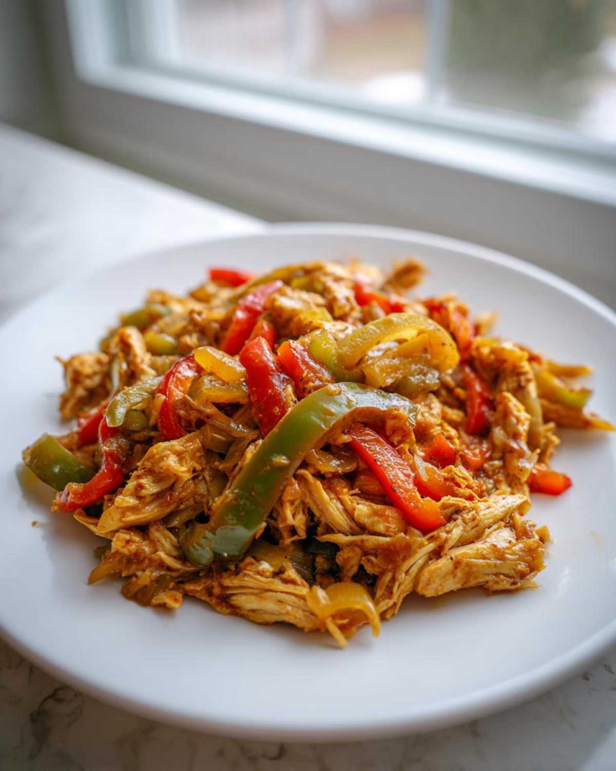 A white plate piled high with shredded chicken and sautéed red and green peppers, ready for crockpot chicken fajitas.