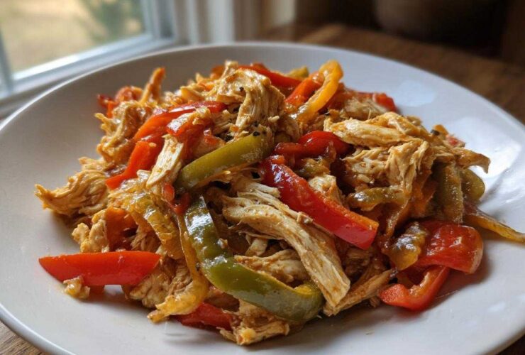 A close-up of shredded chicken mixed with colorful red and green bell pepper strips, ready to serve for crockpot chicken fajitas.