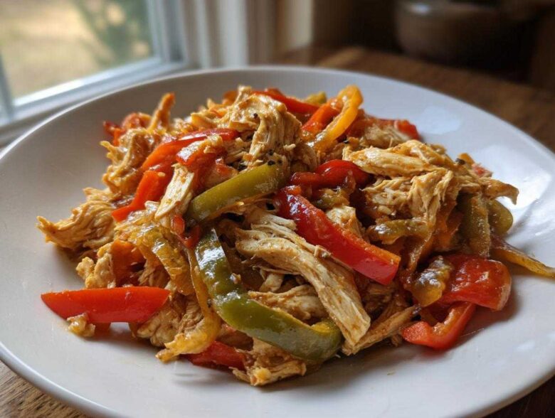 A close-up of shredded chicken mixed with colorful red and green bell pepper strips, ready to serve for crockpot chicken fajitas.