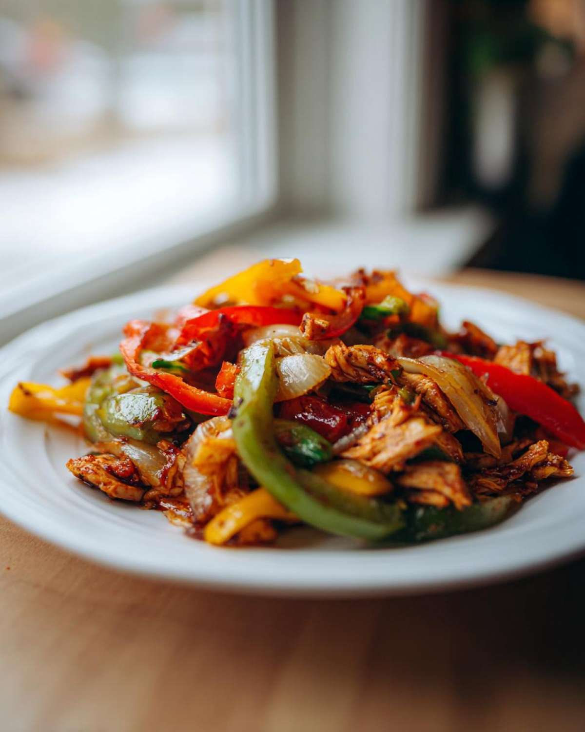 A close-up of shredded chicken mixed with colorful bell peppers and onions, representing crockpot chicken fajitas, served on a white plate.