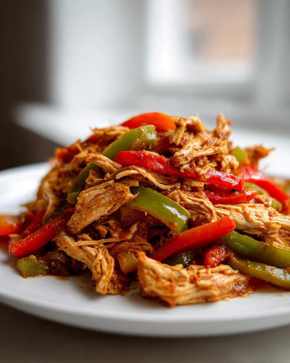 Close-up of shredded crockpot chicken fajitas mixed with vibrant red and green bell pepper strips.