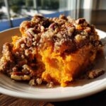 Close-up of a serving of bright orange crockpot sweet potato casserole topped with a crunchy pecan streusel topping.