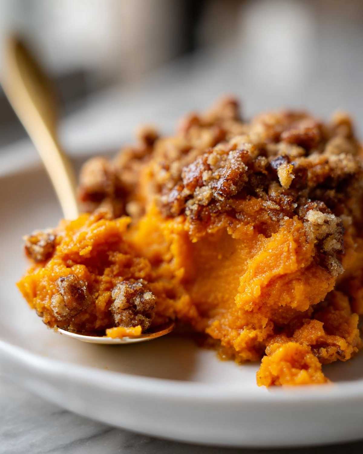 A spoonful of creamy crockpot sweet potato casserole topped with a crunchy pecan streusel topping.
