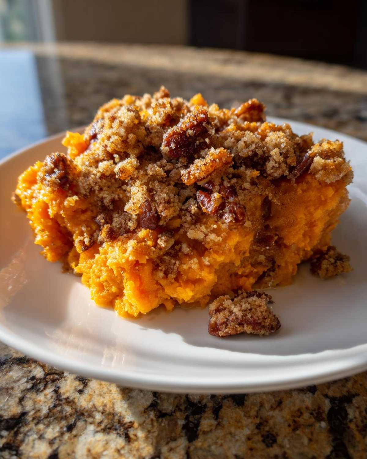 A serving of bright orange crockpot sweet potato casserole topped with a crunchy brown sugar and pecan crumble.