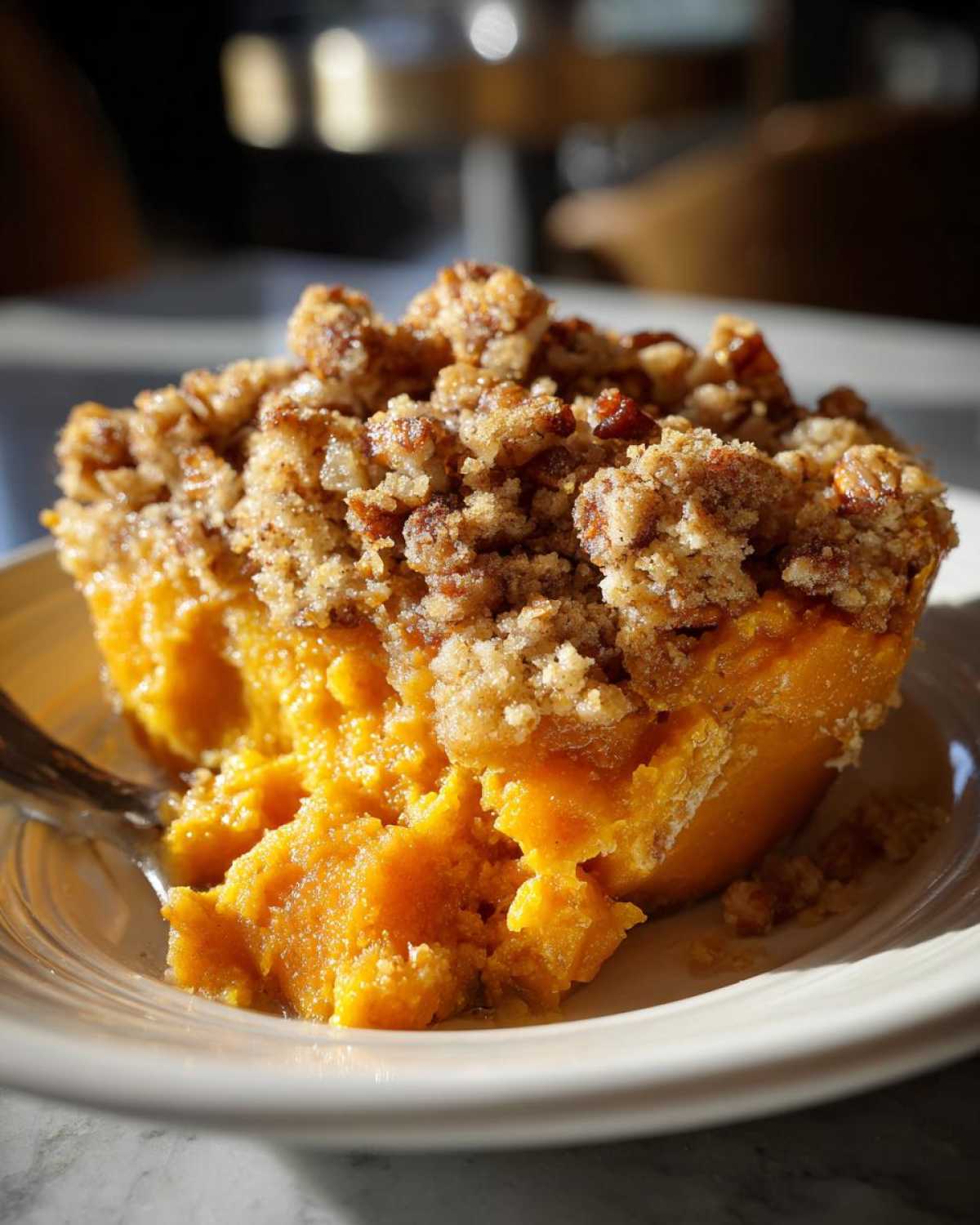 Close-up of a serving of moist crockpot sweet potato casserole topped with a crunchy pecan streusel.