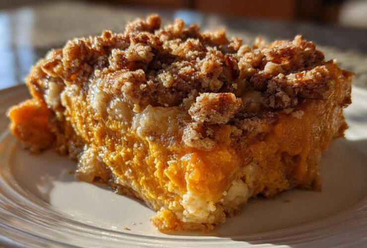 A close-up slice of rich, orange crockpot sweet potato casserole topped with a crunchy pecan streusel.