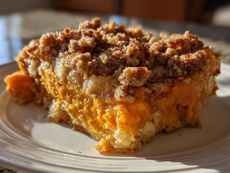 A close-up slice of rich, orange crockpot sweet potato casserole topped with a crunchy pecan streusel.